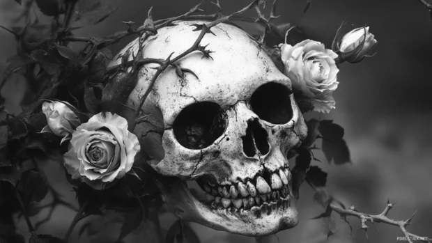 Floral skull desktop wallpapers HD with roses and thorny vines in monochrome.