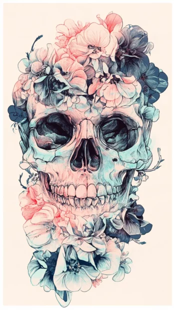 Floral skull iPhone wallpaper in soft pastels and dark ink lines.