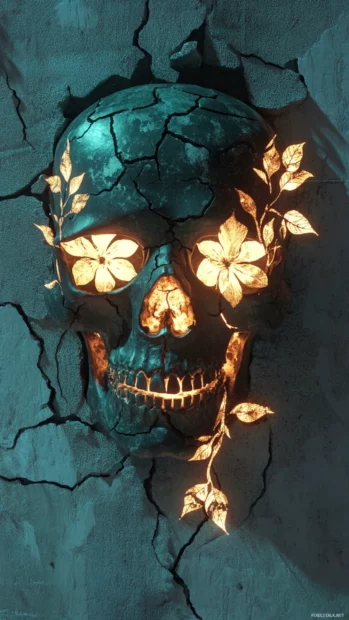 Floral skull with glowing leaves etched into cracked wall.