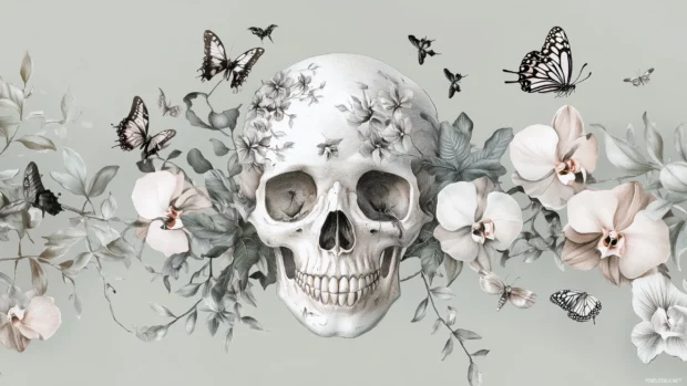 Floral skull with orchids and butterflies, blending intricate linework and a pastel colored palette for a serene, dreamlike feel5.
