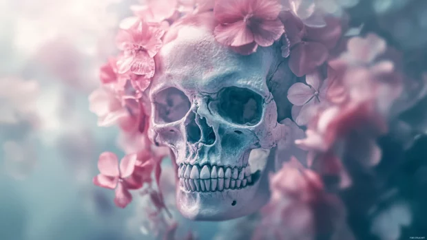 Floral themed skull wallpaper 4K with pastel tones and soft light.