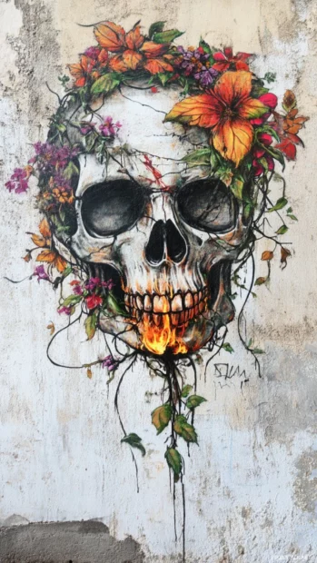Floral vines wrapped around half burned skull graffiti.