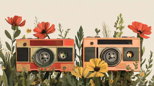 Flower icons layered with vintage cassette illustrations.