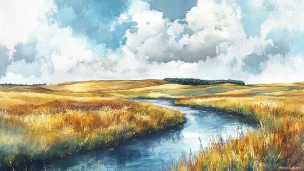 Flowing River Through A Pastel Watercolor Landscape Of Rolling Fields.