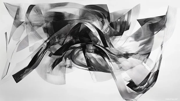 Flowing lines and shapes forming an abstract black and white watercolor composition.