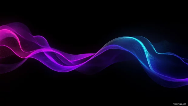 Flowing wave pattern in purple and cyan formed by minimalistic neon lines.