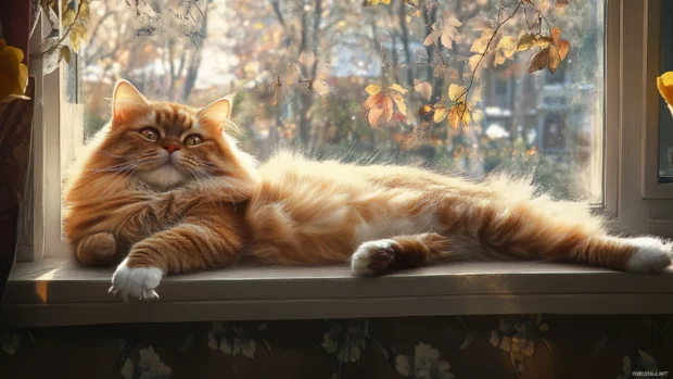 Fluffy Persian cat lounging on a windowsill, captured for Cat PC Wallpapers in stunning detail.