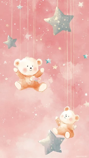 Fluffy bears riding shooting pastel stars, weaving magic into whimsical cute stars wallpaper.
