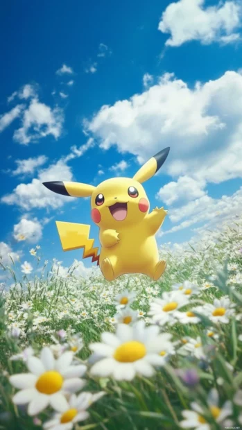 Fluffy clouds float above a field where Pikachu bounces through daisies in a cheerful Cute Pikachu Wallpaper.