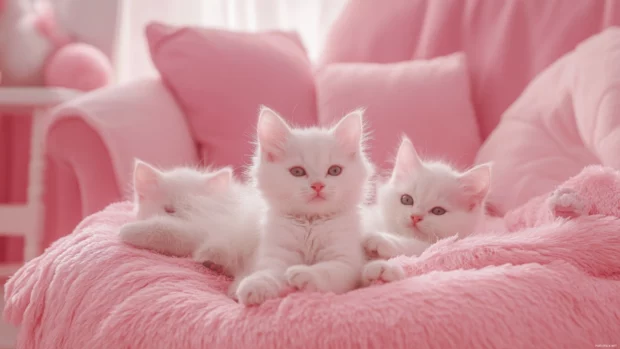 Fluffy kittens lounging in a soft pink girly room.