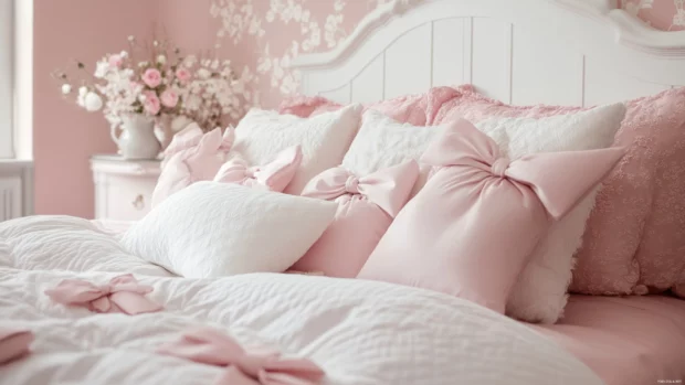 Fluffy pillows and bows in a Pink Girly bedroom wallpaper setting.