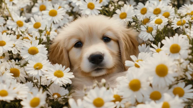 Fluffy puppy surrounded by daisies, for those seeking floral dog wallpaper ideas.
