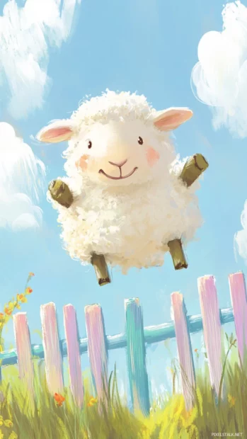 Fluffy sheep jumping over pastel fences in a dreamy meadow.