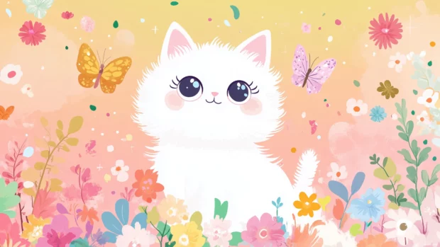 Fluffy white cat, sparkling eyes, colorful flowers, butterflies, pastel cheerful background.