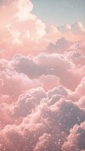 Fluffy white clouds in a soft pink gradient sky with sparkles.