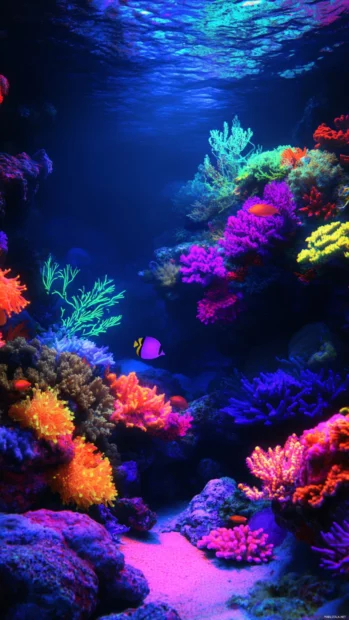 Fluorescent coral reefs shifting colors under the sea.