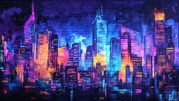 Fluorescent skyline drawn in layered tags on brick wall in graffiti cityscape wallpapers.