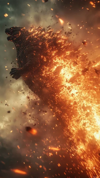 Flying debris and flames captured in realistic Godzilla iPhone wallpapers HD and 4K.