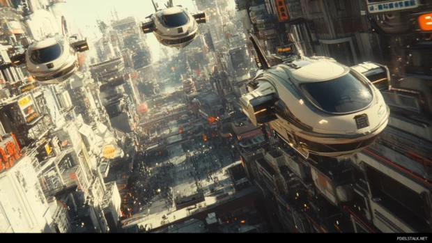 Flying vehicles streaking across the sky above a glowing cyberpunk downtown, perfect for ultra HD screens.