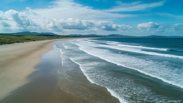 Foamy waves rolling gently onto a wide sandy beach.