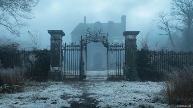 Fog curling around iron gate of abandoned manor.