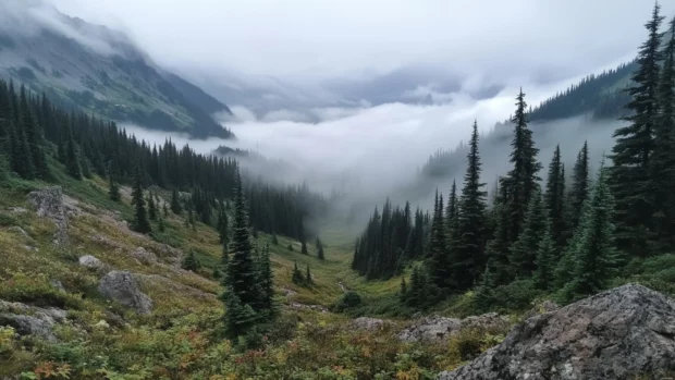 Fog rolling into a quiet valley with pine trees.
