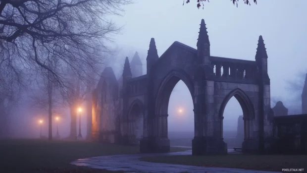 Foggy cemetery with gothic arches, eerie lighting, Halloween Laptop Wallpapers inspiration.