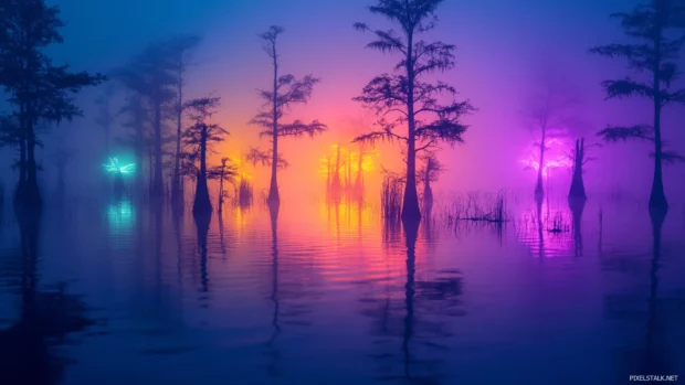 Foggy neon swamp with glowing spectral trees.