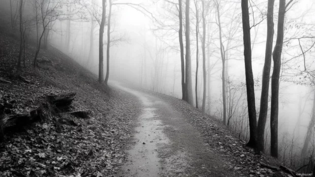 Foggy woodland path in high contrast tones, forest desktop wallpaper aesthetics.