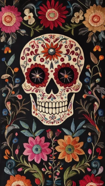 Folk style Mexican skull wallpaper with intricate embroidery textures.