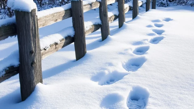 Footprints in fresh snowfall beside a wooden fence.