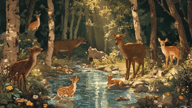 Forest animals gather around a sparkling woodland stream.