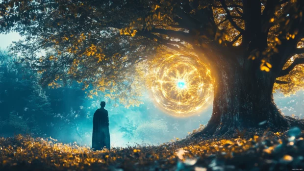 Forest guardian spirit appearing among ancient trees, magical PC wallpapers fantasy 4K.
