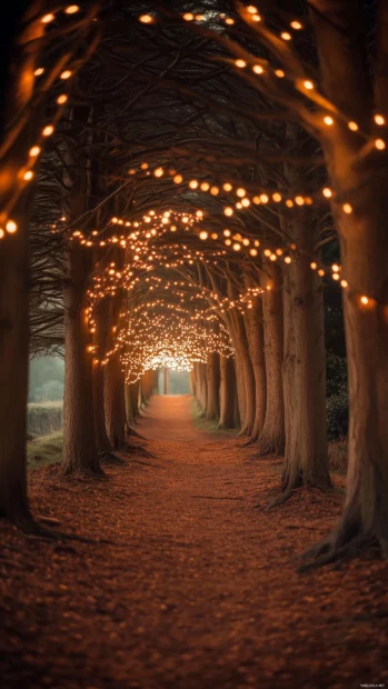 Forest path enchanted, fairy lights glowing soft, towering trees, sparkling dew.