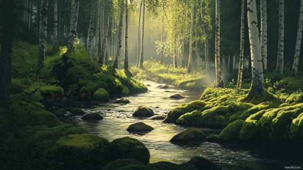Forest river winding through mossy stones and birch trees.