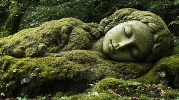 Forest spirit sleeping beneath a moss covered shrine.