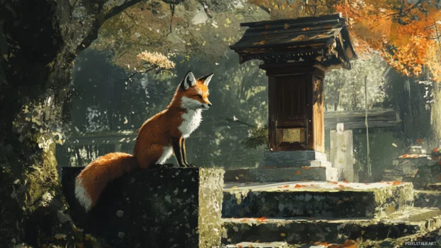 Fox spirit in traditional Japanese shrine.