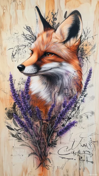 Fox wrapped in lavender vines and graffiti script.