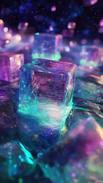 Fractal crystals and glowing cubes in a liquid dimension of trippy distortion.