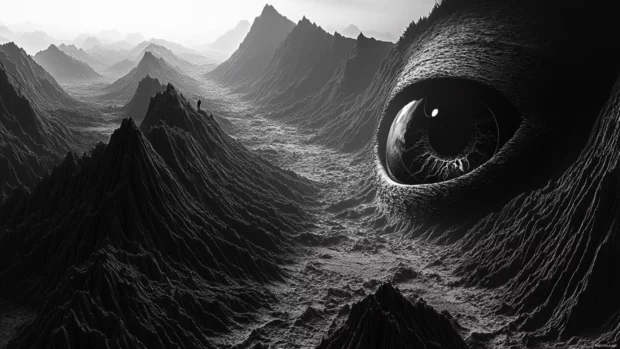 Fractal eye opening over a haunted terrain of endless black ridges in trippy form.