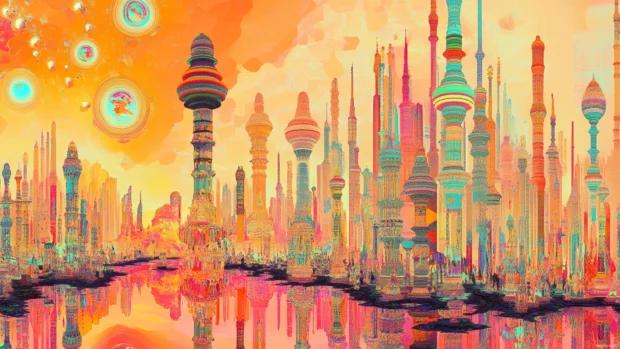 Fractal skyline of floating monoliths and light towers in layered trippy perspective.