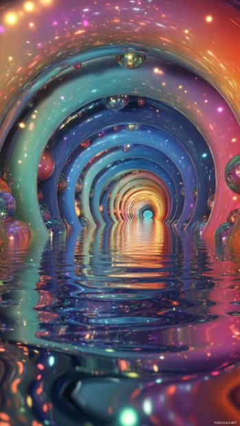 Fractal tunnel with rainbow mirrors and floating shards, pure trippy aesthetic dream.