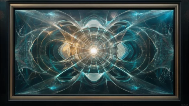 Framed composition with Quantum Grid at the center of a visual echo.