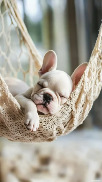 French bulldog sleeping in a hammock, selected for top adorable puppy iPhone wallpapers.