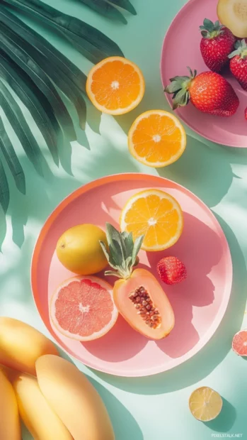 Fresh fruit arrangement on pastel plates enhancing soft summer vibes wallpapers palette.