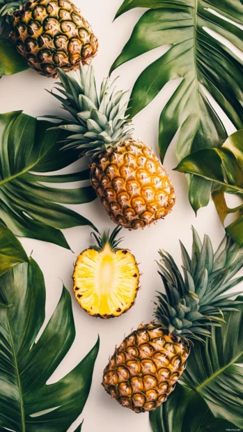 Fresh pineapples and tropical leaves scattered in a Preppy Summer arrangement.