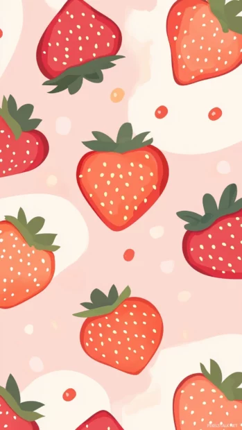 Fresh strawberries and slices in a seamless pattern on soft pastel pink, lively and fun.