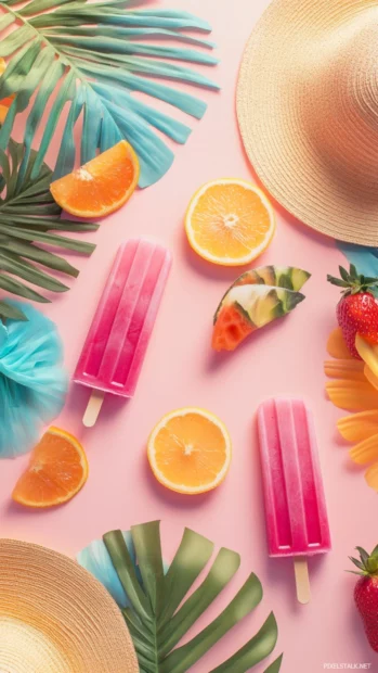 Fresh summer collage with tropical popsicles, sun hats, and pastel backgrounds for iPhone screens.