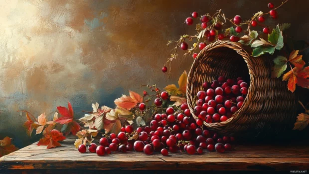 Freshly picked berries spill from a basket onto a rustic wooden table.