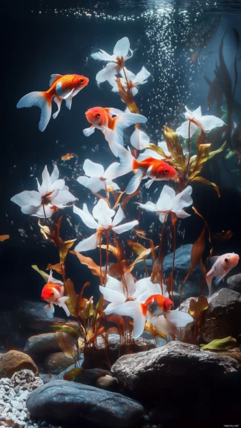 Freshwater fish tank scene with goldfish swimming among delicate water plants, a stone base, and soft, diffused lighting for a calm ambiance.